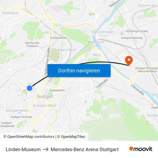 Linden-Museum to Mercedes-Benz Arena Stuttgart map