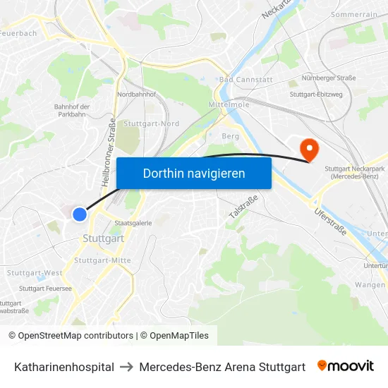 Katharinenhospital to Mercedes-Benz Arena Stuttgart map