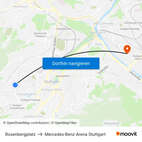 Rosenbergplatz to Mercedes-Benz Arena Stuttgart map