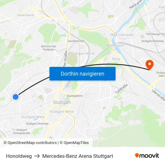 Honoldweg to Mercedes-Benz Arena Stuttgart map