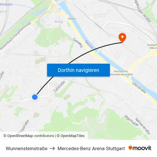 Wunnensteinstraße to Mercedes-Benz Arena Stuttgart map