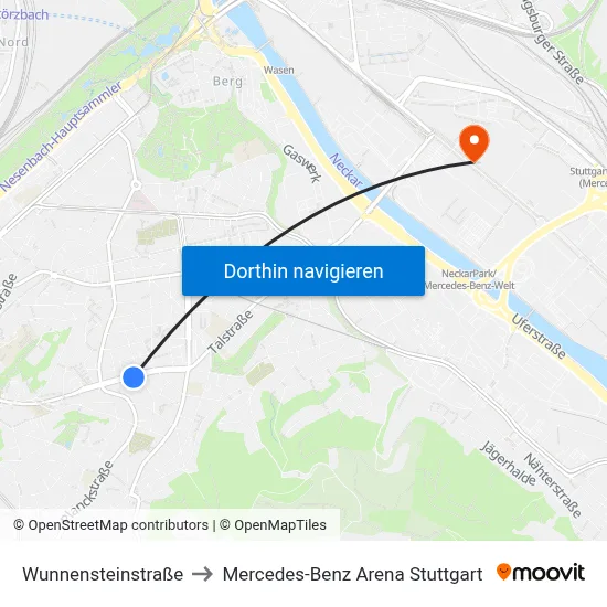 Wunnensteinstraße to Mercedes-Benz Arena Stuttgart map