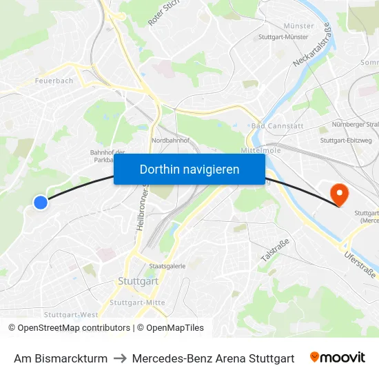 Am Bismarckturm to Mercedes-Benz Arena Stuttgart map