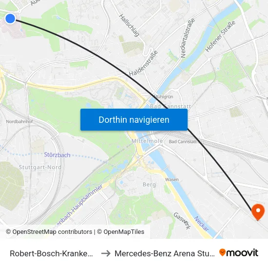 Robert-Bosch-Krankenhaus to Mercedes-Benz Arena Stuttgart map
