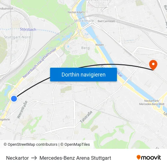 Neckartor to Mercedes-Benz Arena Stuttgart map