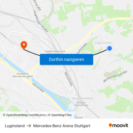 Luginsland to Mercedes-Benz Arena Stuttgart map
