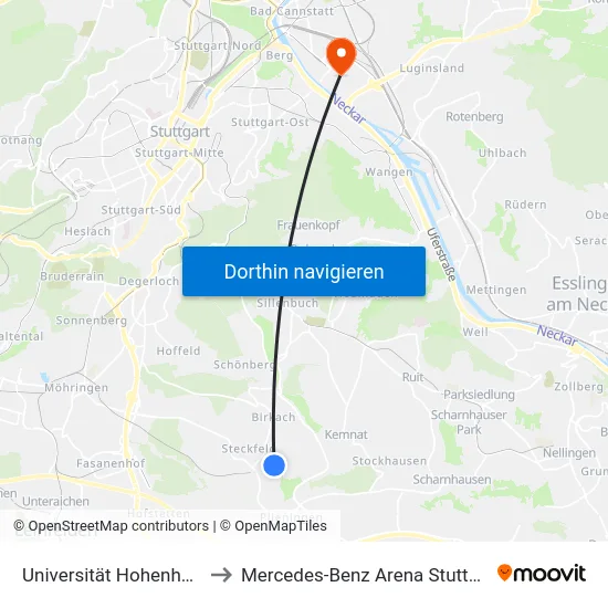Universität Hohenheim to Mercedes-Benz Arena Stuttgart map
