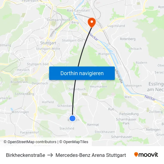 Birkheckenstraße to Mercedes-Benz Arena Stuttgart map