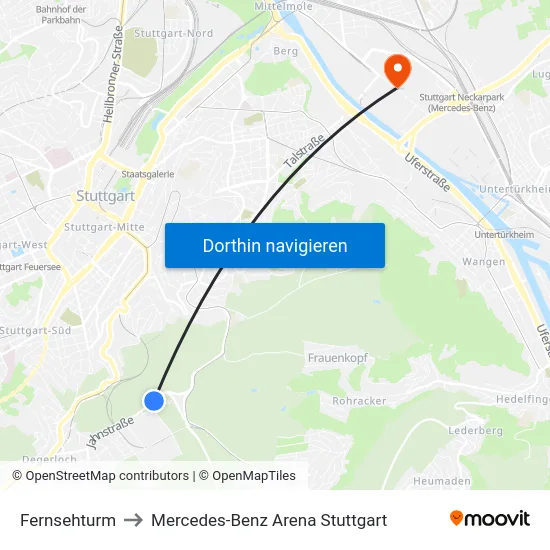 Fernsehturm to Mercedes-Benz Arena Stuttgart map