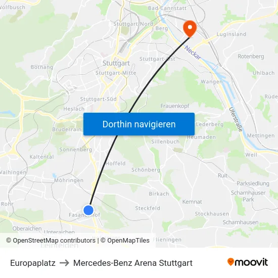 Europaplatz to Mercedes-Benz Arena Stuttgart map