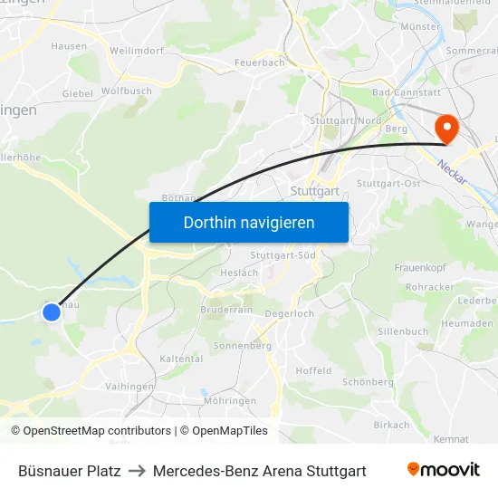 Büsnauer Platz to Mercedes-Benz Arena Stuttgart map