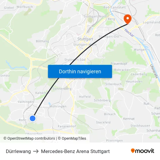 Dürrlewang to Mercedes-Benz Arena Stuttgart map