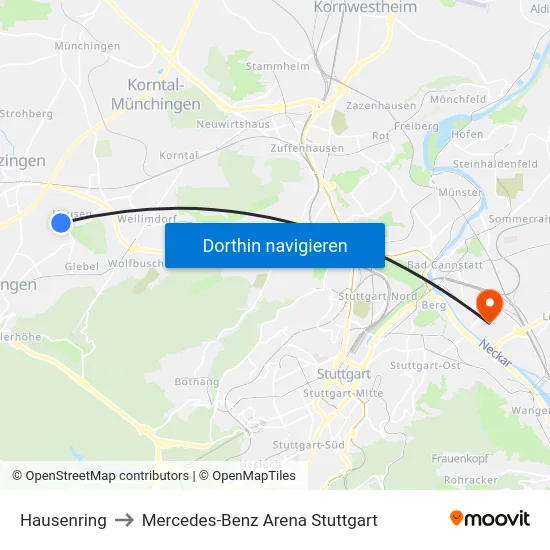 Hausenring to Mercedes-Benz Arena Stuttgart map