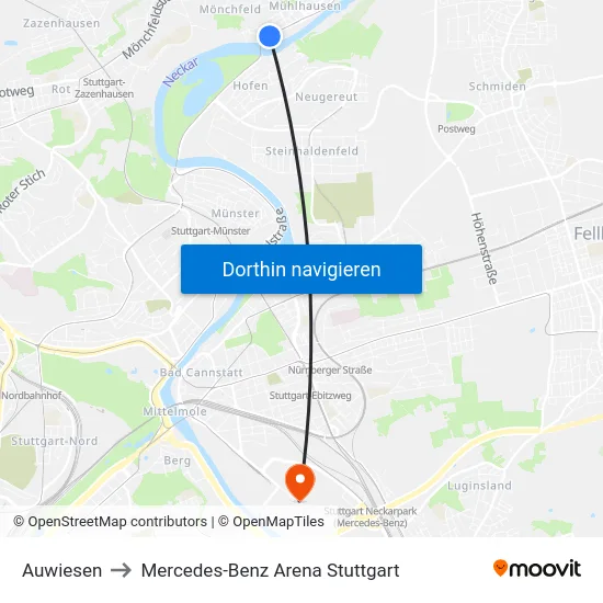 Auwiesen to Mercedes-Benz Arena Stuttgart map