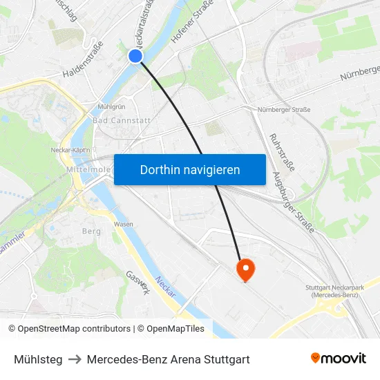 Mühlsteg to Mercedes-Benz Arena Stuttgart map