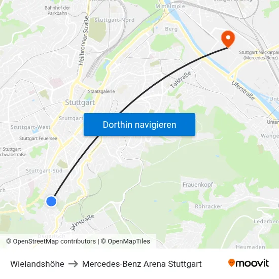 Wielandshöhe to Mercedes-Benz Arena Stuttgart map