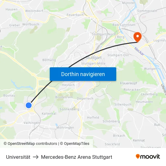 Universität to Mercedes-Benz Arena Stuttgart map