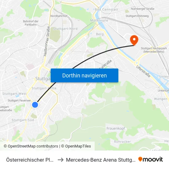 Österreichischer Platz to Mercedes-Benz Arena Stuttgart map