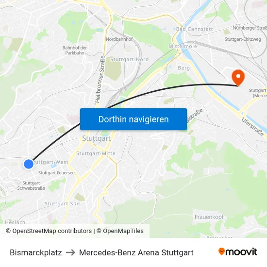 Bismarckplatz to Mercedes-Benz Arena Stuttgart map