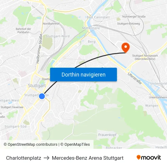 Charlottenplatz to Mercedes-Benz Arena Stuttgart map