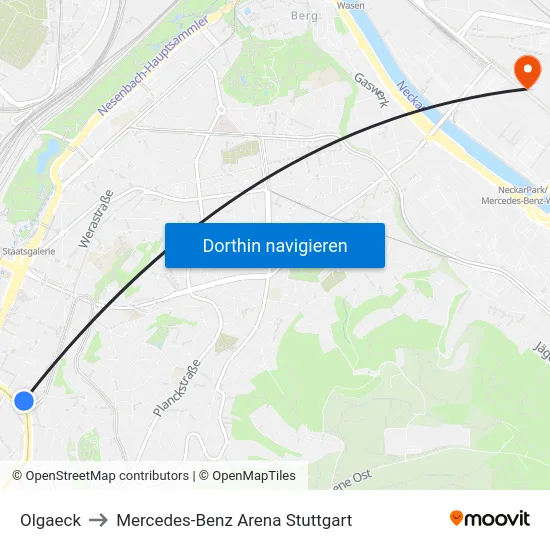 Olgaeck to Mercedes-Benz Arena Stuttgart map