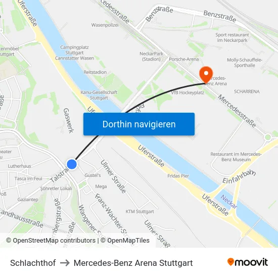 Schlachthof to Mercedes-Benz Arena Stuttgart map