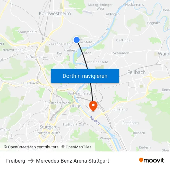 Freiberg to Mercedes-Benz Arena Stuttgart map