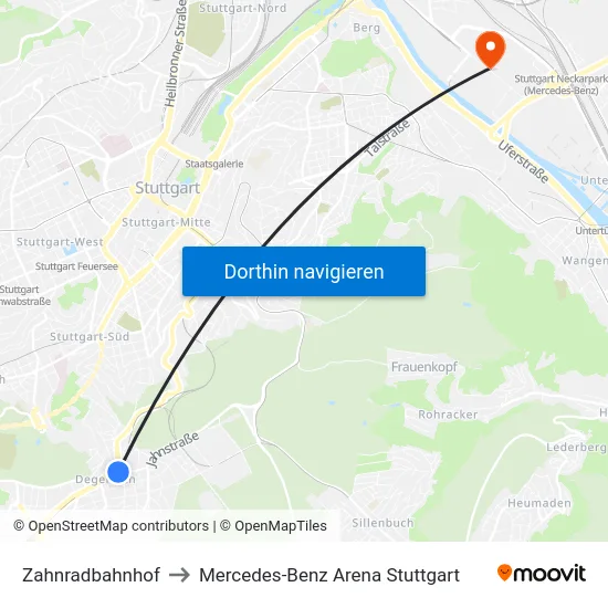 Zahnradbahnhof to Mercedes-Benz Arena Stuttgart map
