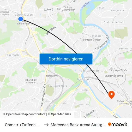 Ohmstr. (Zuffenh. Bf) to Mercedes-Benz Arena Stuttgart map