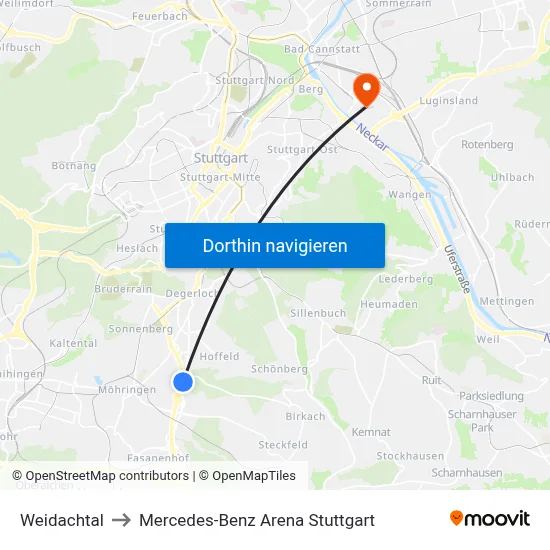 Weidachtal to Mercedes-Benz Arena Stuttgart map