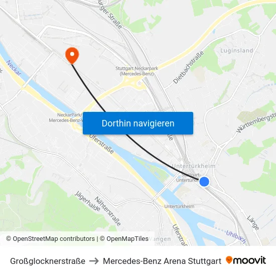 Großglocknerstraße to Mercedes-Benz Arena Stuttgart map