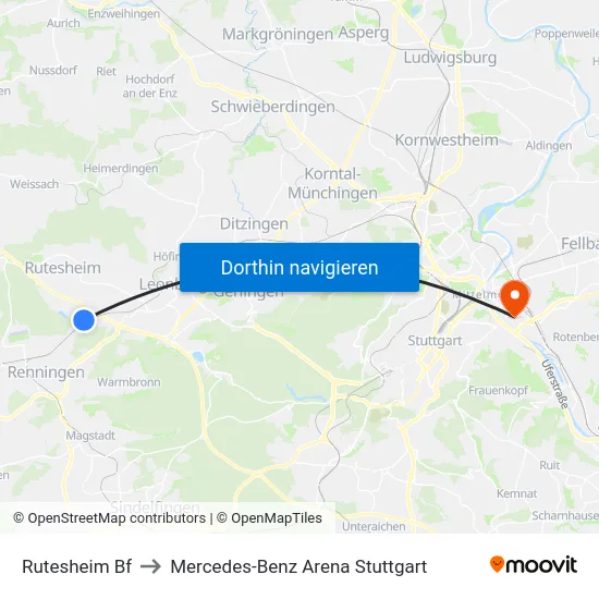 Rutesheim Bf to Mercedes-Benz Arena Stuttgart map
