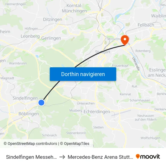 Sindelfingen Messehalle to Mercedes-Benz Arena Stuttgart map