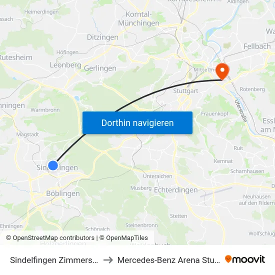 Sindelfingen Zimmerstraße to Mercedes-Benz Arena Stuttgart map