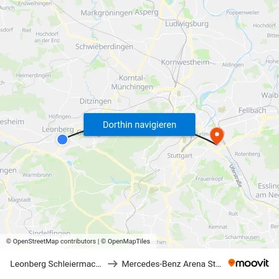 Leonberg Schleiermacherstr. to Mercedes-Benz Arena Stuttgart map
