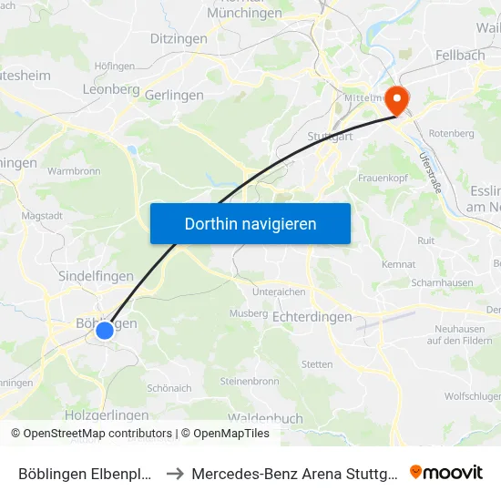 Böblingen Elbenplatz to Mercedes-Benz Arena Stuttgart map