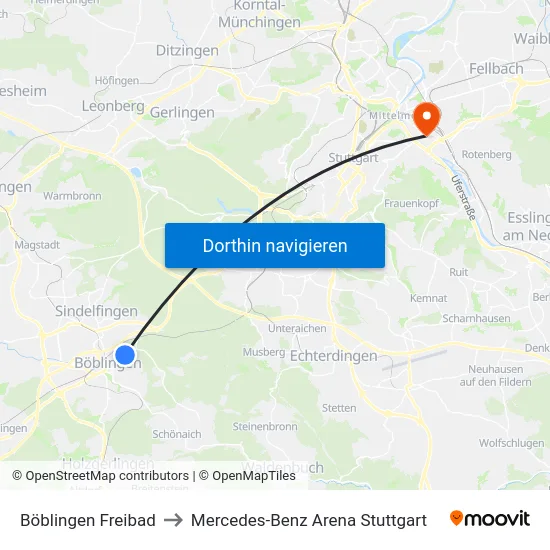 Böblingen Freibad to Mercedes-Benz Arena Stuttgart map