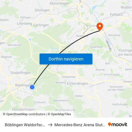 Böblingen Waldorfschule to Mercedes-Benz Arena Stuttgart map