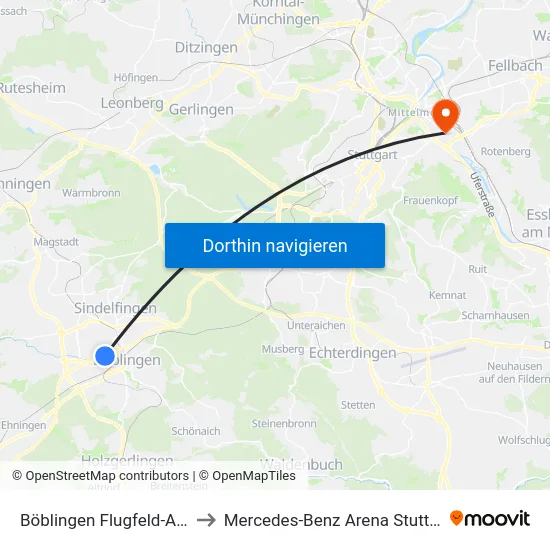 Böblingen Flugfeld-Allee to Mercedes-Benz Arena Stuttgart map