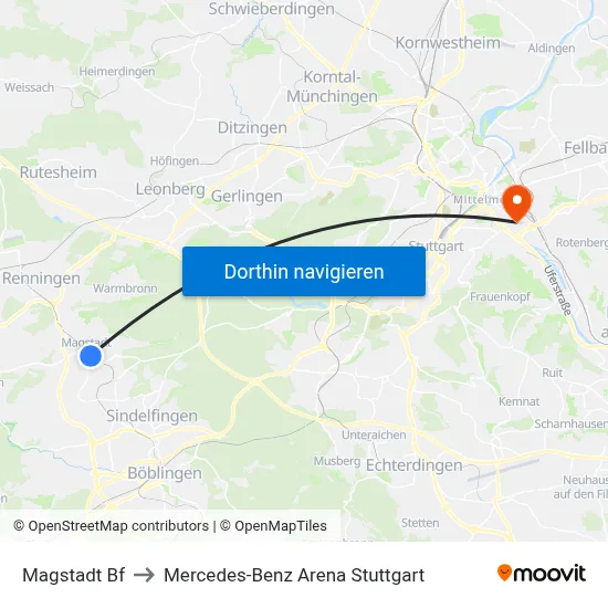 Magstadt Bf to Mercedes-Benz Arena Stuttgart map