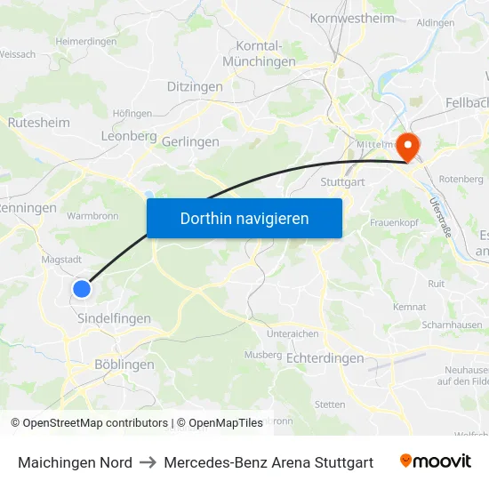 Maichingen Nord to Mercedes-Benz Arena Stuttgart map