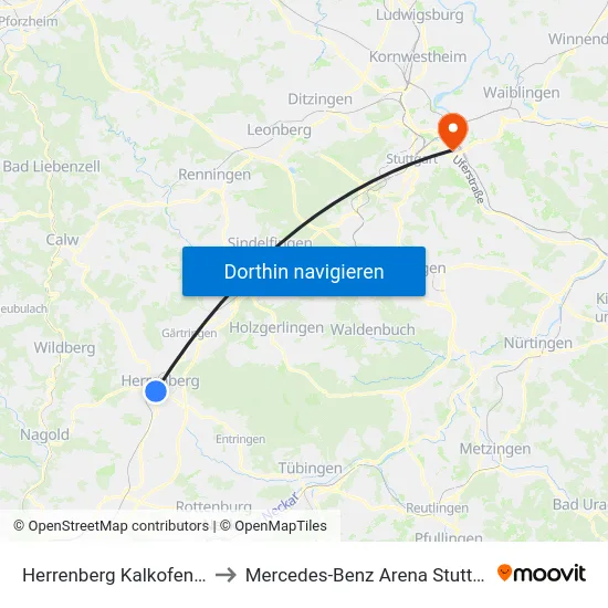 Herrenberg Kalkofenstr. to Mercedes-Benz Arena Stuttgart map