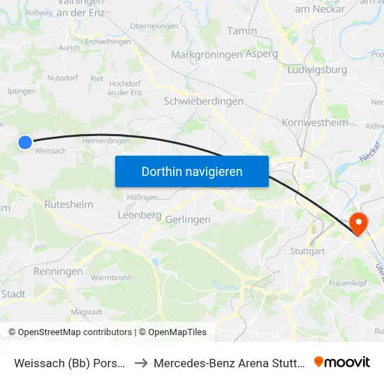 Weissach (Bb) Porsche to Mercedes-Benz Arena Stuttgart map