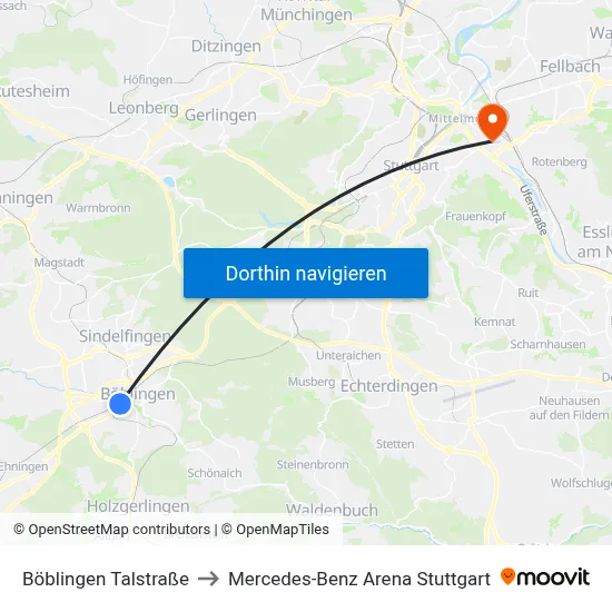 Böblingen Talstraße to Mercedes-Benz Arena Stuttgart map
