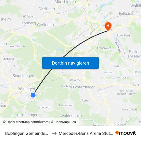 Böblingen Gemeindehaus to Mercedes-Benz Arena Stuttgart map