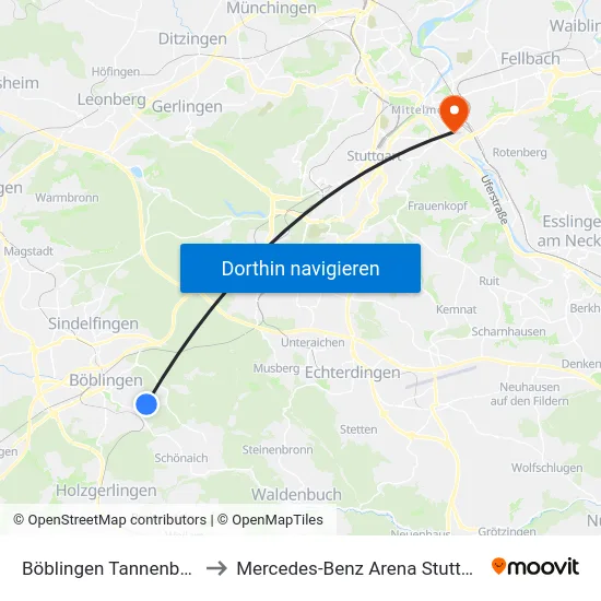 Böblingen Tannenberg to Mercedes-Benz Arena Stuttgart map