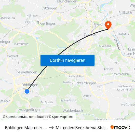 Böblingen Maurener Weg to Mercedes-Benz Arena Stuttgart map