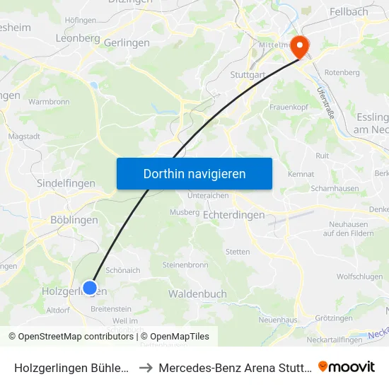 Holzgerlingen Bühlenstr. to Mercedes-Benz Arena Stuttgart map