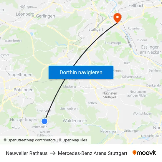 Neuweiler Rathaus to Mercedes-Benz Arena Stuttgart map