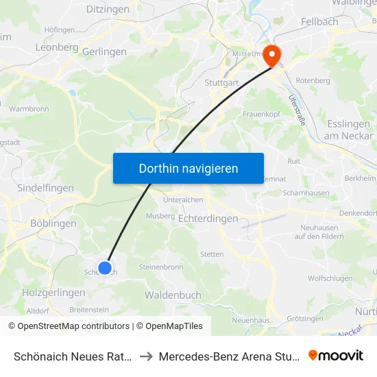 Schönaich Neues Rathaus to Mercedes-Benz Arena Stuttgart map